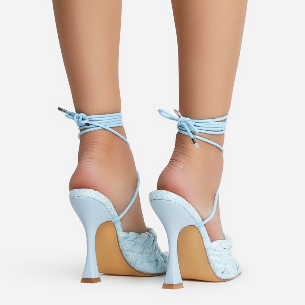 Light blue straw raffia strappy heel ankle strap wrap mule woven sandals - Picture 2 of 5